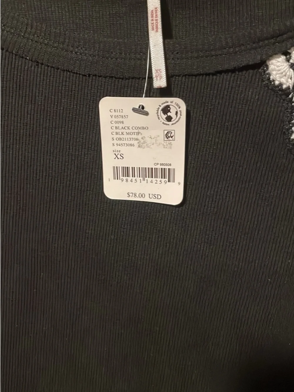 NWT Free People Lost Love Black Long-Sleeve Crewneck Top with White Trim